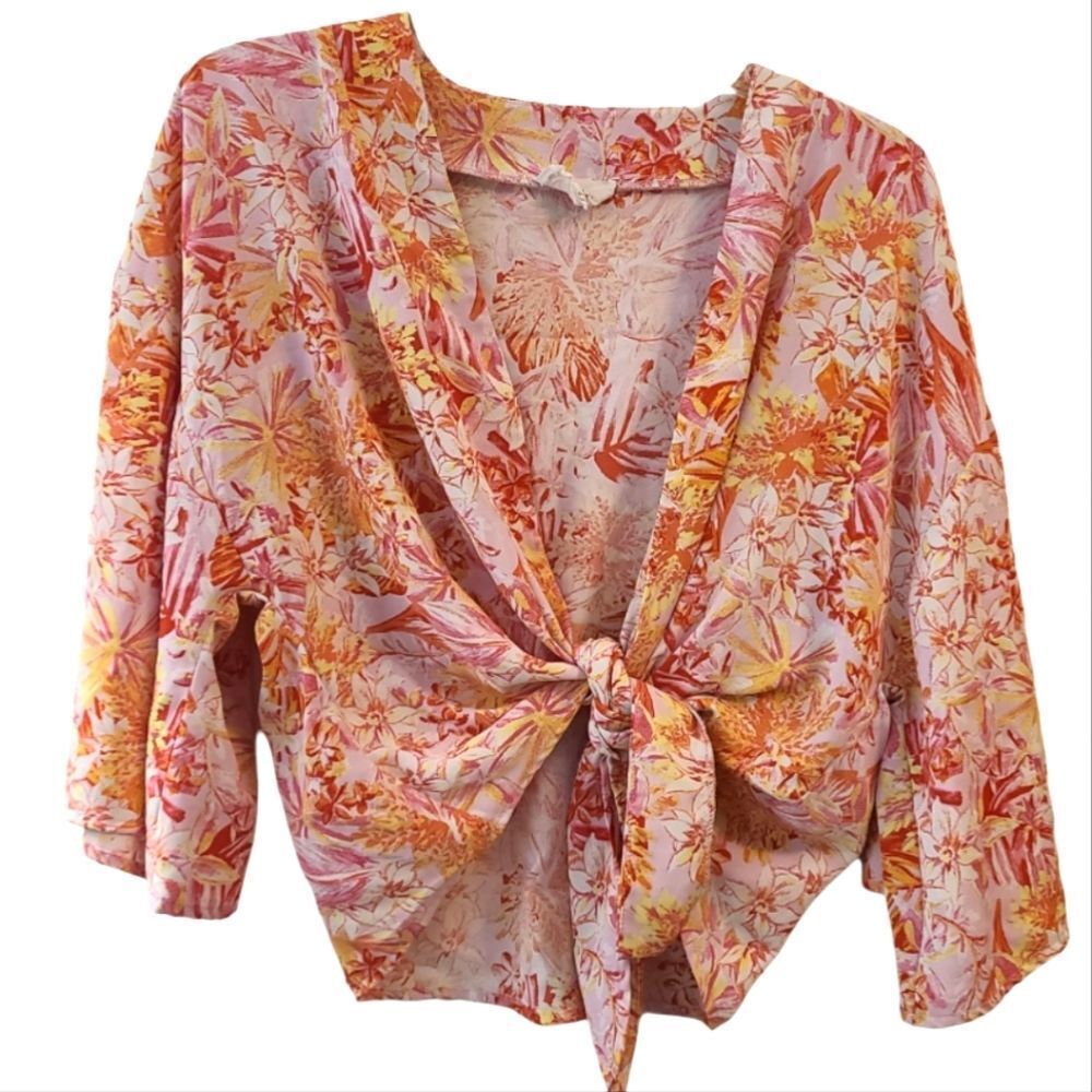 Hippie Rose Tropical Floral Tie Front Cropped Blouse